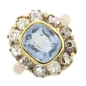 Aquamarine and old-cut diamond cluster ring