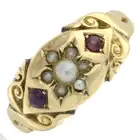 Edwardian 9ct gold garnet & split pearl ring