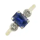 Synthetic sapphire & diamond three-stone ring