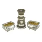 Late Victorian silver mounted pepper mill & pair of open salts (3)