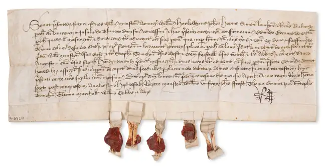 39 Edward&nbsp;IV (King).- Kent, St. Laurence, Thanet.- Charter, grantors William Manston and others grant confirming a messuage and 2 acres of land to E...