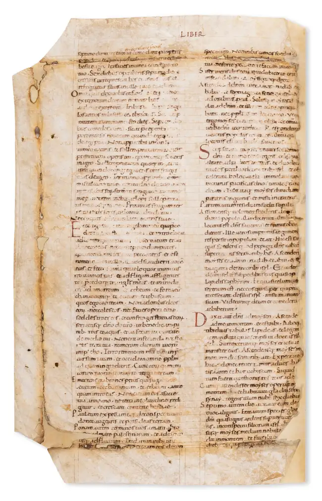 22 Italy.- Bifolium from a vast Bible, with Exodus 8:17-9:21 and 23:11-24:18, Latin manuscript on vellum, Italy, [second half of the eleventh century, or...