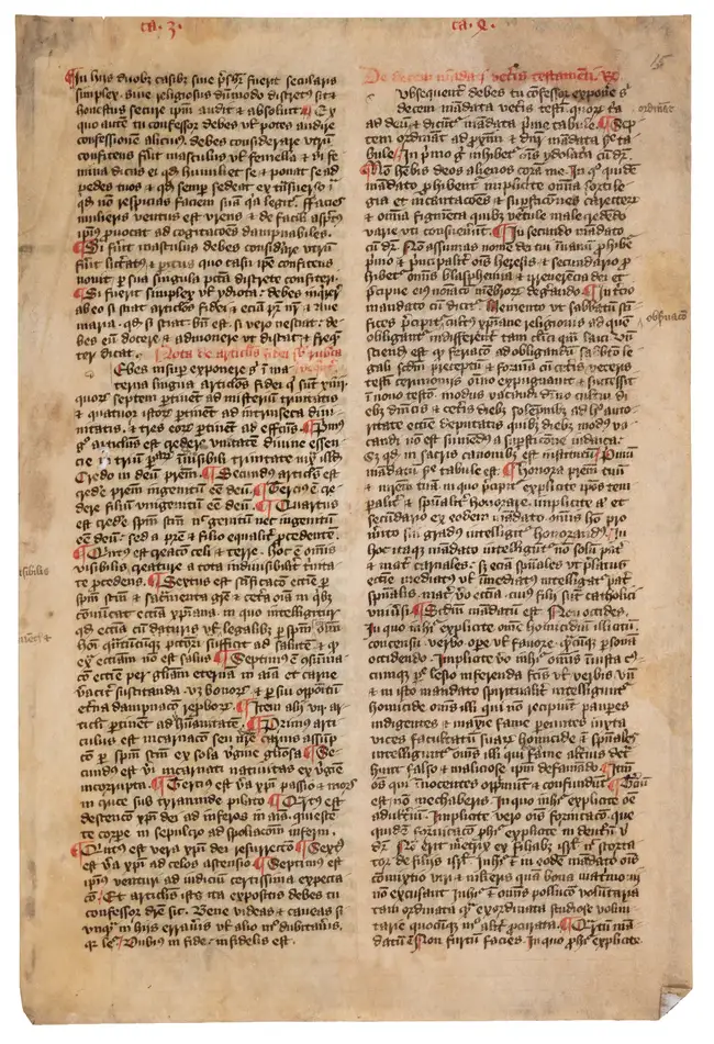 32 England.- Opening leaf from a copy of the Memoriale Presbiterorum Parochialium, an English penitential manual,&nbsp; Latin manuscript on vellum, Engla...