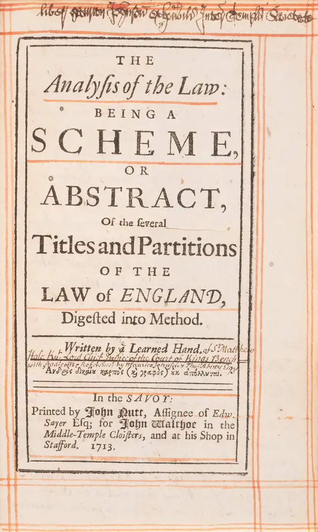 76 Law.- [Hale (Sir Matthew)] The Analysis of Law: Being a Scheme, first edition, heavily annotated, by John Nutt, Assignee of Edw. Sayer; for John Walth...