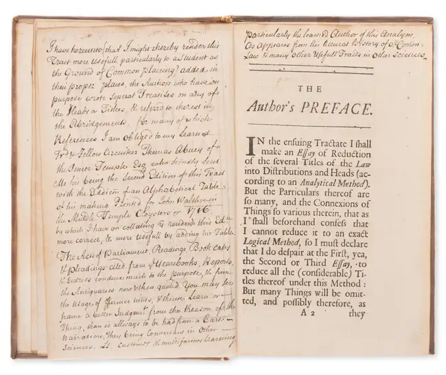 76 Law.- [Hale (Sir Matthew)] The Analysis of Law: Being a Scheme, first edition, heavily annotated, by John Nutt, Assignee of Edw. Sayer; for John Walth...