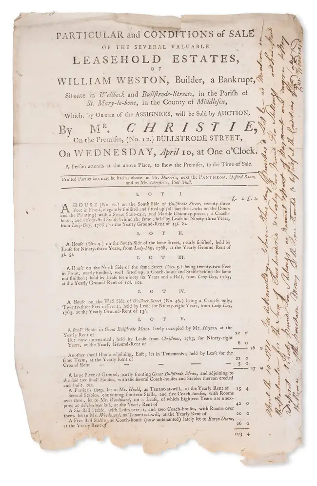 87 Early Auctioneer's Broadside.- Particular and Conditions of Sale of the Several Valuable Leasehold Estates of William Weston...sold at Auction by Mr C...