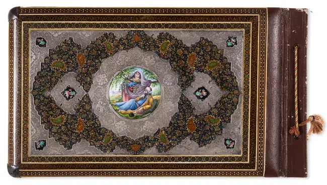 256 Middle East.- Decorative Album, polychrome-painted, lacquered and enamelled album cover with khatamkari, [Iran], [late 19th-early 20th century]