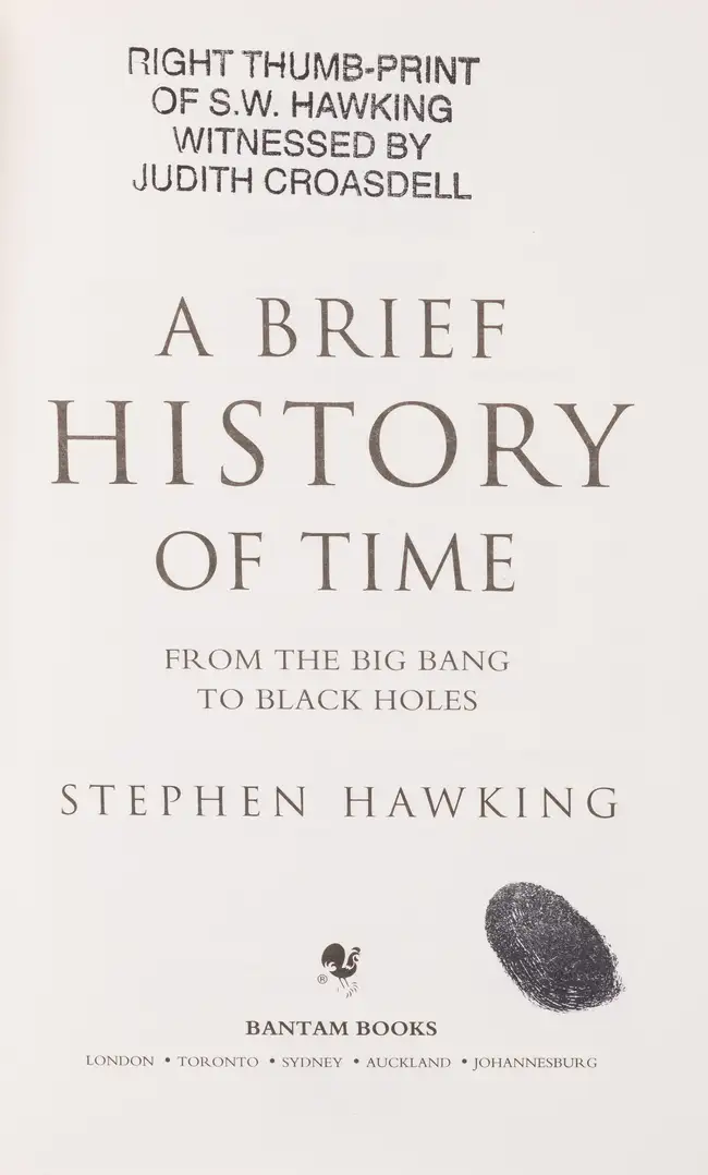 215 Hawking (Stephen) A Brief History of Time, signed with author's right thumb-print, Bantam Books, 2011.