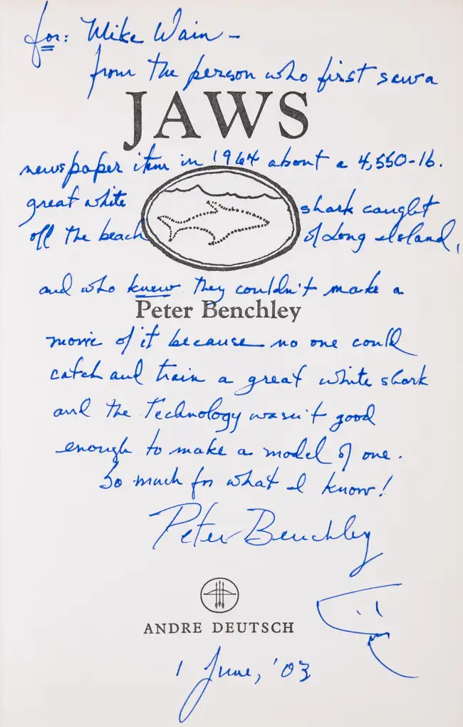 116 Benchley (Peter) Jaws, first English edition, lengthy signed presentation inscription from the author with a drawing of a shark, 1974