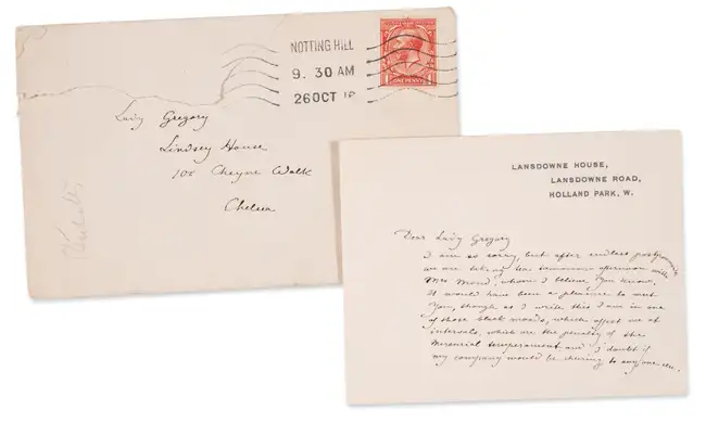58 Ricketts&nbsp;(Charles de Sousy) Autograph Card signed to Lady Gregory, n.d., regretting that he cannot meet her.