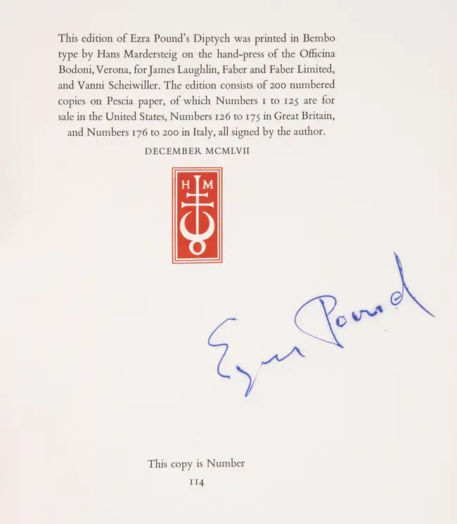 150 Pound (Ezra) Diptych Rome-London. Homage to Sextus Propertius &amp; Hugh Selwyn Mauberley Contacts and Life, one of 200 copies signed by the author, N...