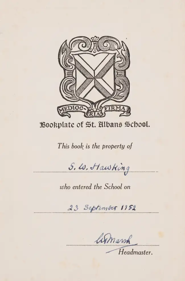 211 Stephen Hawking's schoolboy copy.- Notes on St. Albans School, presented to Stephen Hawking, 1949.