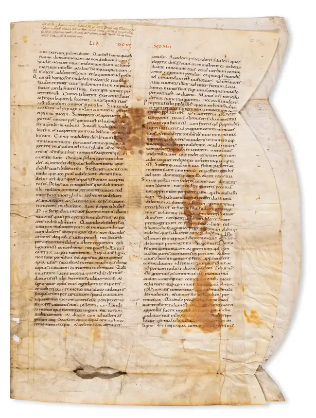 Italy.- Bifolium from a grand Romanesque Bible of gargantuan proportions, with Deuteronomy...