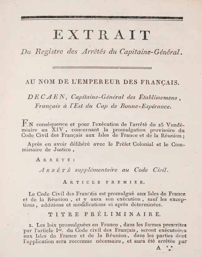 255 Mauritius printed law.- Code Civil des Fran&ccedil;ais, L'Isle de France [Mauritius], [House of Jcery], 1805.