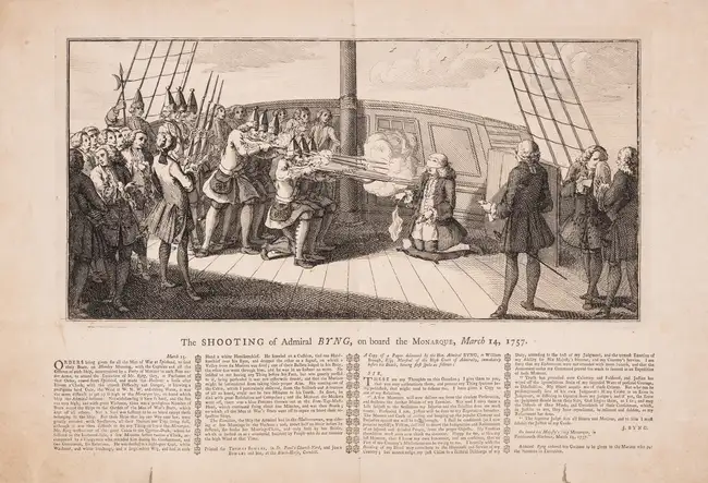 83 Naval, Execution of Admiral Byng.- The Shooting of Admiral Byng, on board the Monarque, March 14, 1757, rare, Printed for Thomas Bowles, in St. Paul's...