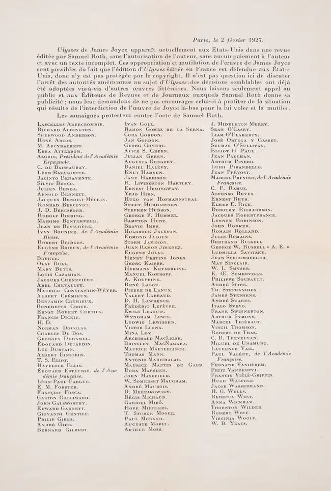 139 Joyce (James).- [Lewisohn (Ludwig) and Archibald Macleish]&nbsp;[Protest against Samuel Roth's piracy of Ulysses], printed broadside in French, Paris,...