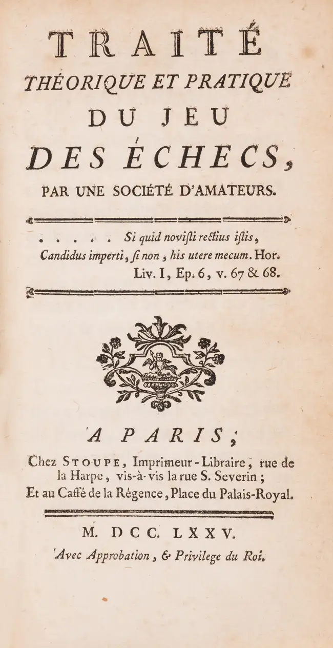 13 Chess.- Trait&eacute; Th&eacute;orique et Pratique du Jeu des &Eacute;checs par une Societ&eacute; d' Amateurs, first edition, Paris, Stoupe et al., 1...