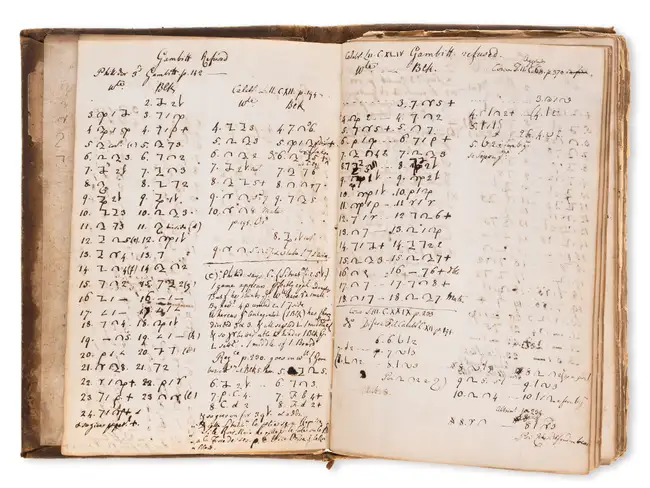 46 Chess.- Manuscript compilation of 18th century chess gambits, c.160pp. on 126ff., [?Italy and England], [c. 1780].