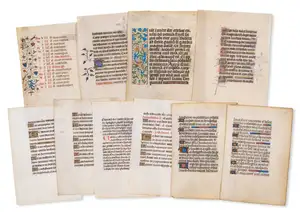 Ten leaves from illuminated Books of Hours, manuscripts on vellum, text in Latin, French and Dutch,&nbsp;[Fifteenth century] (10)