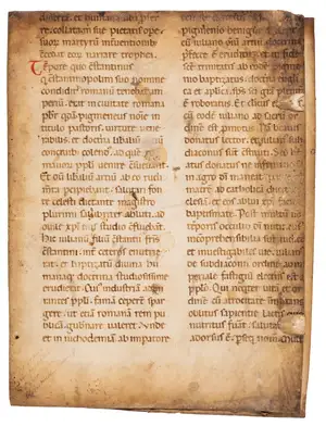 Italy.- Bifolium from a Passional, with parts of the lives of SS. Donatus and Lawrence, decorated Latin manuscript on vellum, Italy (probably Tuscany), [second