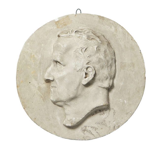 
	
		A Victorian plaster portrait roundel of Basil Montagu QC, by H.B.Davis, 1849, inscribed 