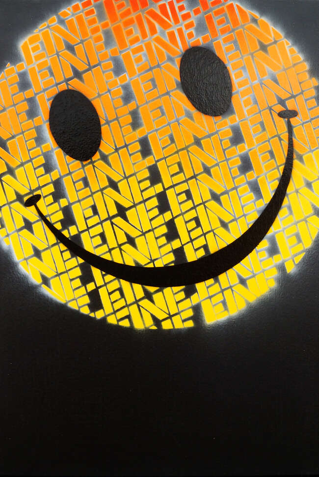 
	
		Ben Eine, 
		British b.1970- 
		 
		Orange Smiley, 2010; 
		 
		spray paint on canvas,...