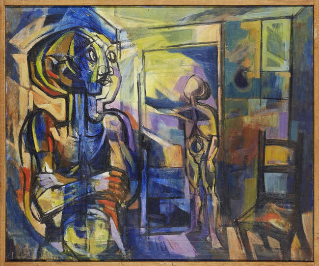 
	
		Douglas Pittuck, 
		British 1911-1993 - 
		Figures in a Room; 
		oil on board, signed...