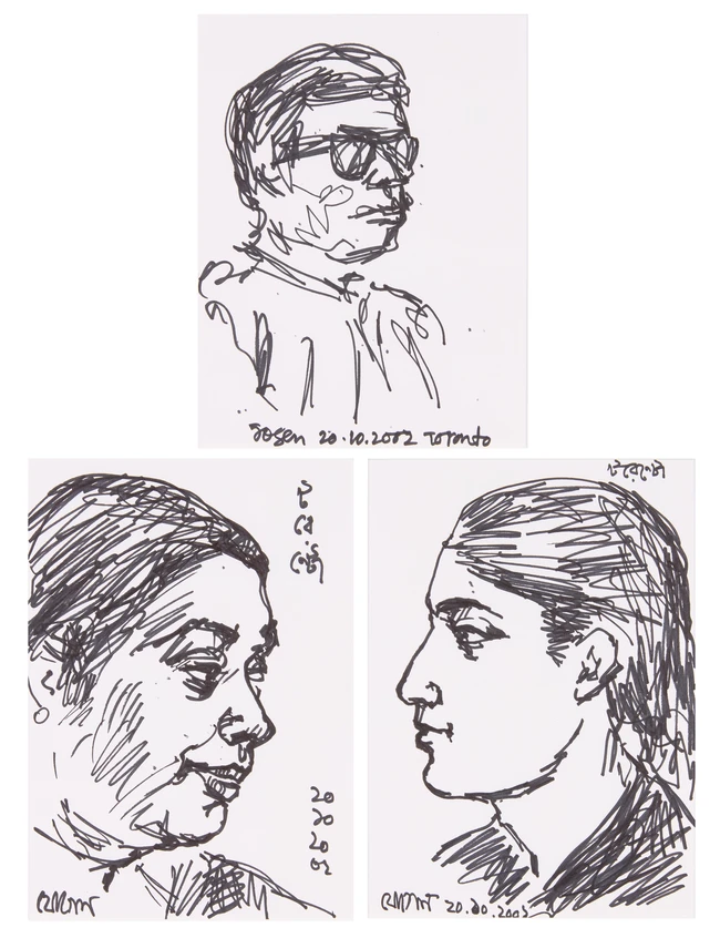 Jogen Chowdhury, (Indian b.1939-)Three portraits of the Chaki family, 
Ink on paper,
Each 20 x...