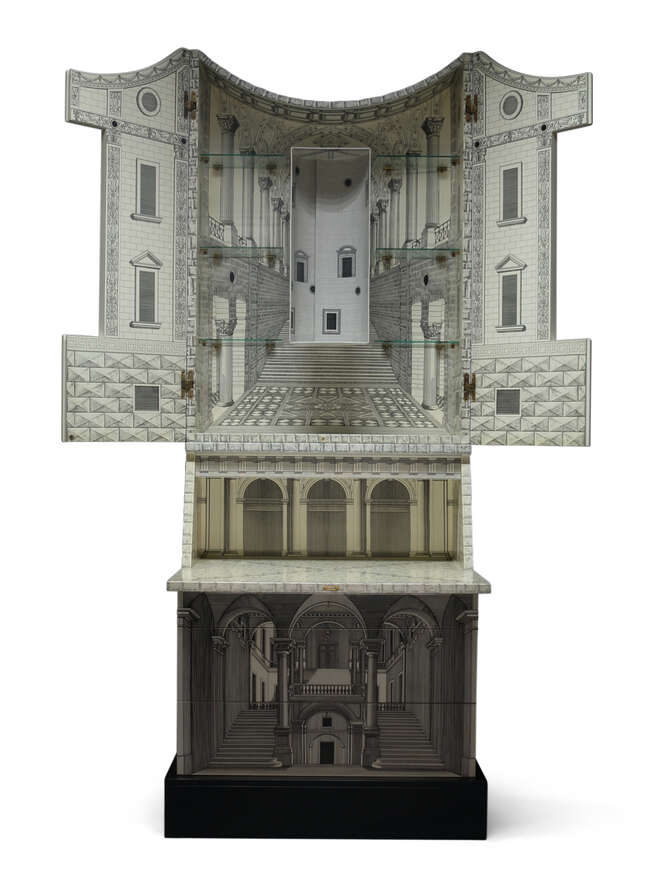 
	
		Piero Fornasetti (Italian 1913-1988), an Archittetura trumeau cabinet       
		Numbered...