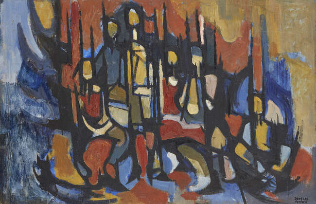
	
		Douglas Pittuck, 
		British 1911-1993 - 
		Armed Figures; 
		oil on panel, signed...