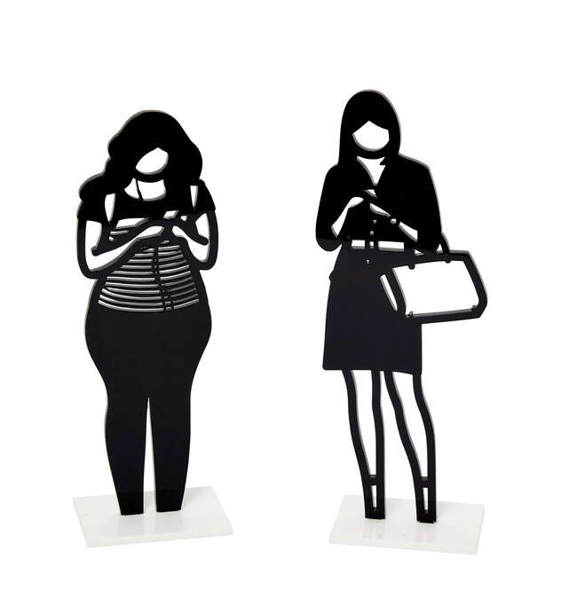 
	
		Julian Opie,
		British b.1958-
		 
		Backpack and Handbag, 2018;
		 
		two laser-cut...