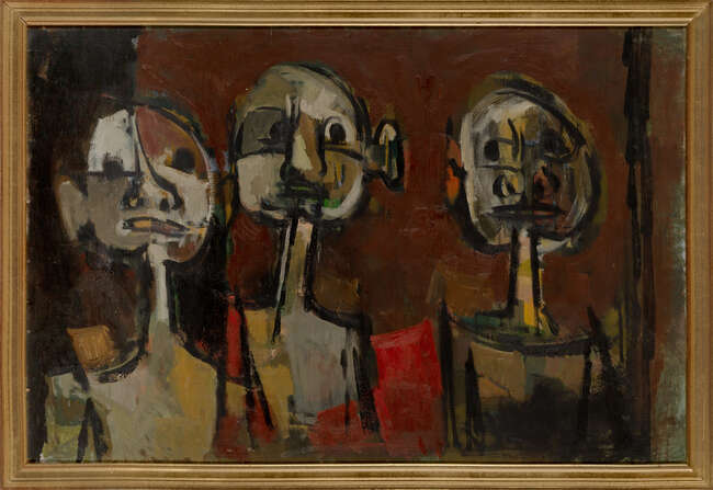 
	
		Douglas Pittuck, 
		British 1911-1993 - 
		Three standing men; 
		oil on board, signed...