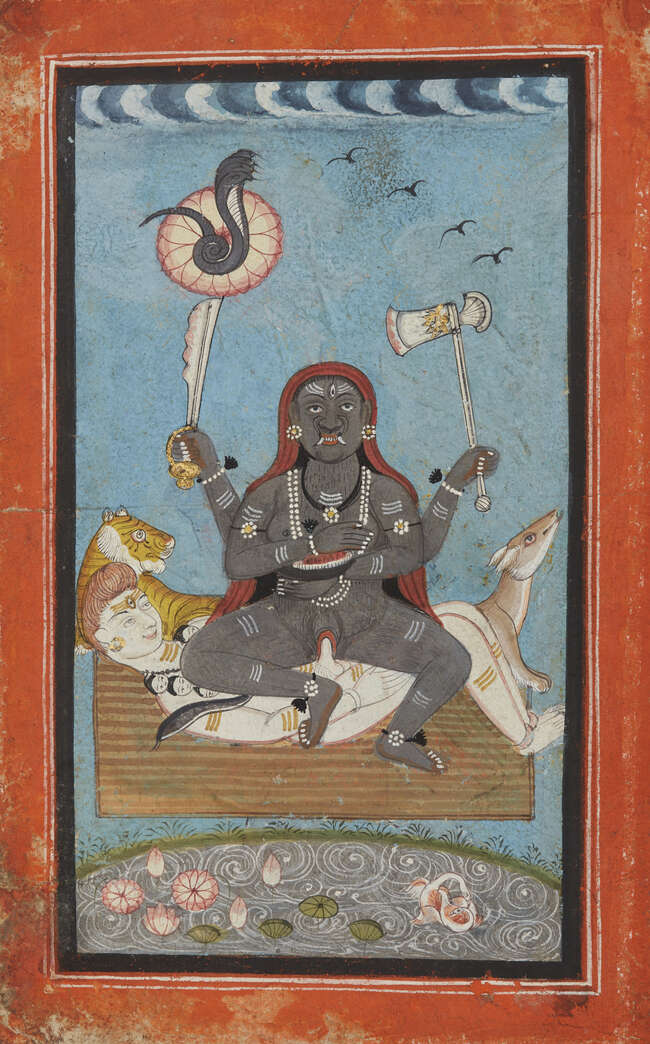
	
		Kali making love with Shiva, Rajasthan, India, 19th century, opaque pigments on paper...
