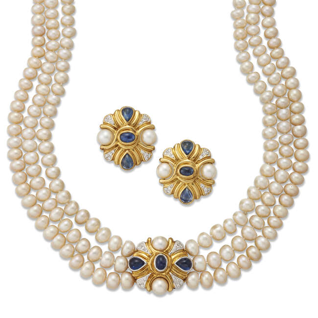
	
		Annabel Jones, a freshwater cultured pearl, sapphire and diamond necklace and pair of ear...