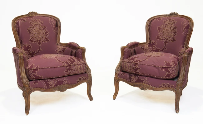 A pair of French bergère, of Louis XV style, second half 20th century, on cabriole legs, 91cm...