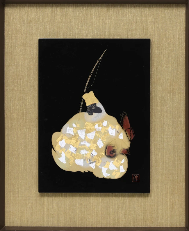 A Japanese gilt on black lacquer painting of a fisherman, contemporary, 33.5 x 24cm, framed