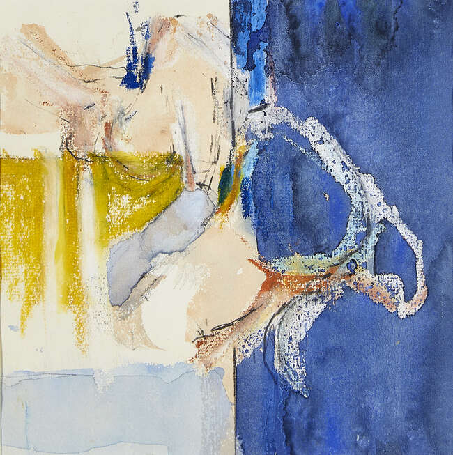 
	
		Adrian Heath, 
		British 1930-1992- 
		 
		Abstract composition in blue and yellow;...