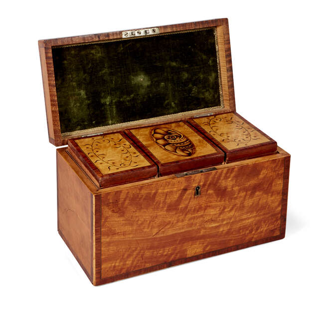 
	
		A George III satinwood and inlaid three-division tea caddy, the top inlaid with large...