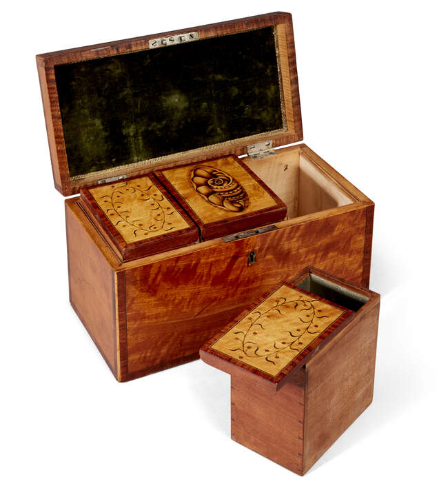 
	
		A George III satinwood and inlaid three-division tea caddy, the top inlaid with large...