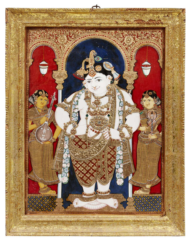 
	
		A Tanjore reverse glass painting of the baby Krishna, South India, late 19th-early 20th...