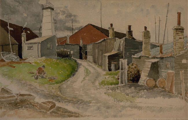 Ernest Eric Newton, British 1901-1970- The Oyster Sheds, Whitstable; watercolour and charcoal...