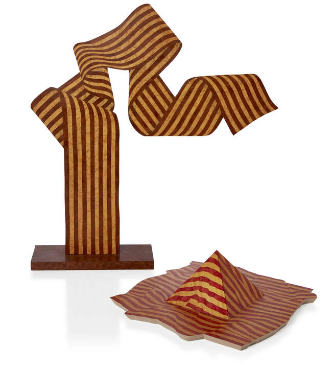 
	
		Jean Claude Deveaux (French), a tall marquetry ribbon form 
		Contemporary, rubber...