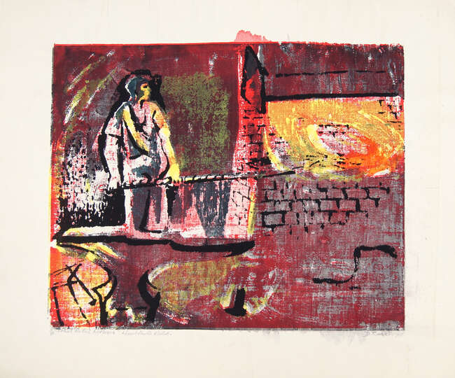 Dorothy Carr, British 1923-2018, Sheet Metal workers, Llandudno Wales, 1950;screenprint in colours...