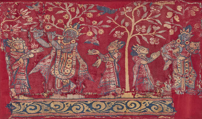 
	
		A silk lampas fragment depicting Krishna playing the flute, India, Assam, late 18th-early...