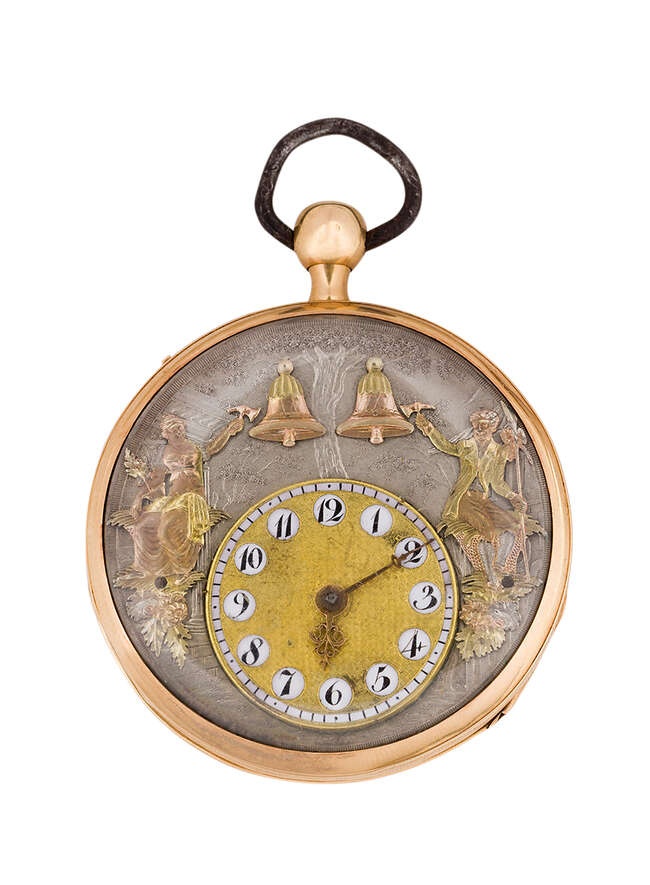 
	
		 An early 19th century Swiss gold Jacquemart quarter repeating pocket watch, with three...