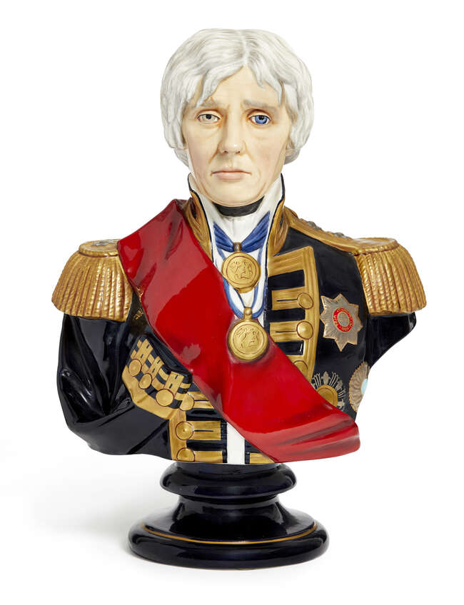 
	
		A porcelain portrait bust by Michael Sutty of the Right Honourable Lord Viscount Nelson,...
