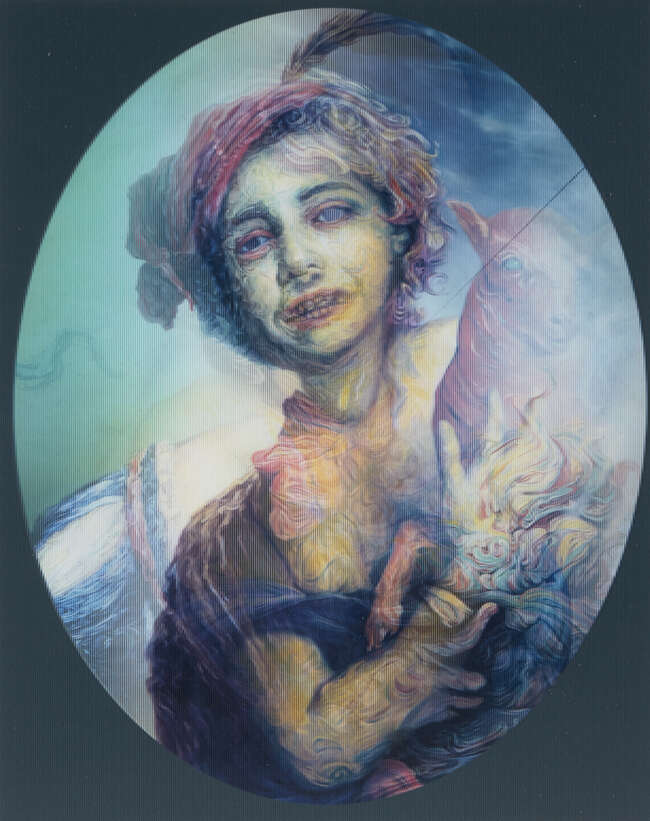 
	
		Glenn Brown,
		British b.1966-
		 
		Memorabilia, 2013;
		 
		acrylic lenticular lens...
