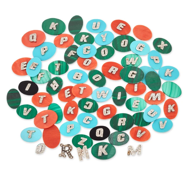 A quantity of diamond initial set coral, turquoise and malachite small plaque mounts, each oval...