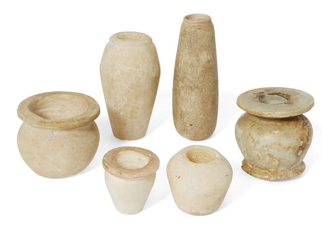 
	
		Six Egyptian alabaster vessels
		Middle Kingdom  New Kingdom, circa 2046-1069 B.C.
		