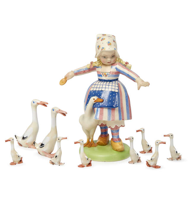 
	
		Lenci, a earthenware figure of a girl and goose by Abele Jacopi
		Second Quarter 20th...